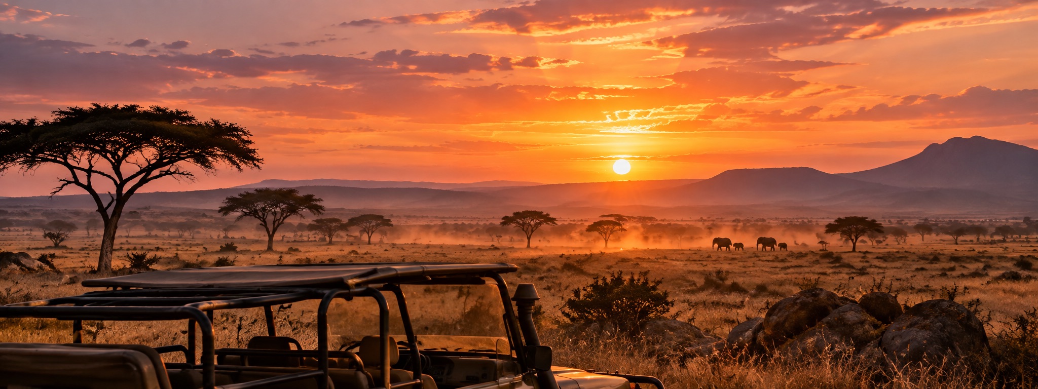 Safari vehicle at sunset