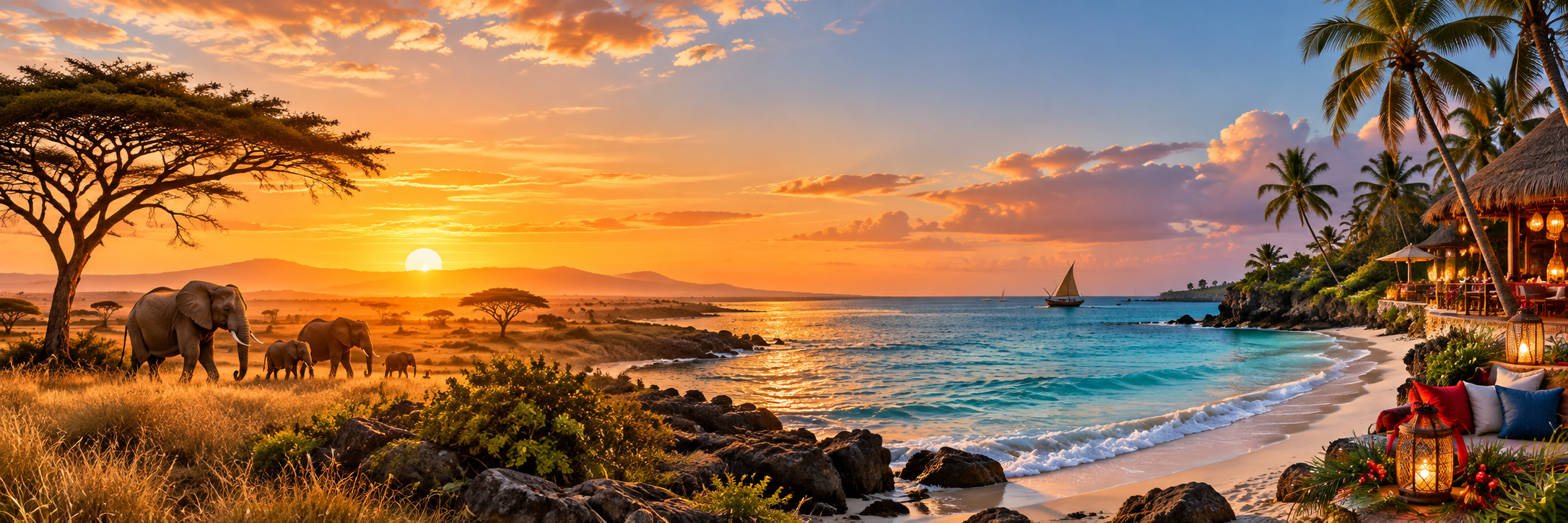Kenya safari and coastal holiday at sunset